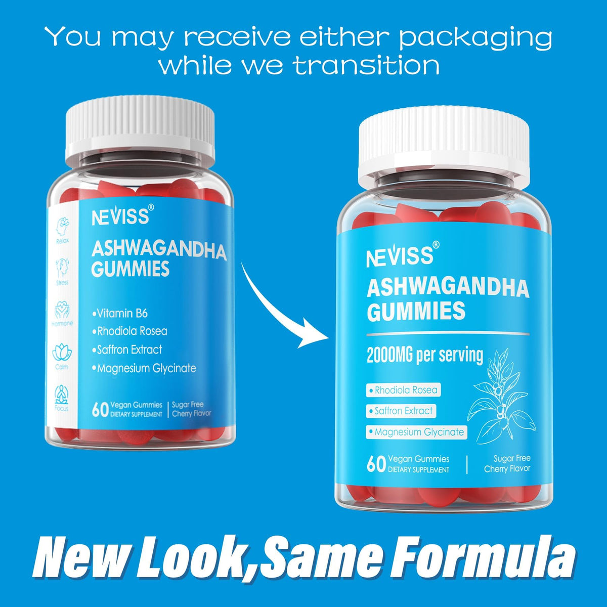 Sugar Free Ashwagandha Gummies - with Magnesium Glycinate, Rhodiola Rosea, Zinc, Lemon Balm, B6 - Relaxation Support, Natural Zzz, Stamina, Energy for Men Women - 60 Counts NEVISSBuy Supplements Australia