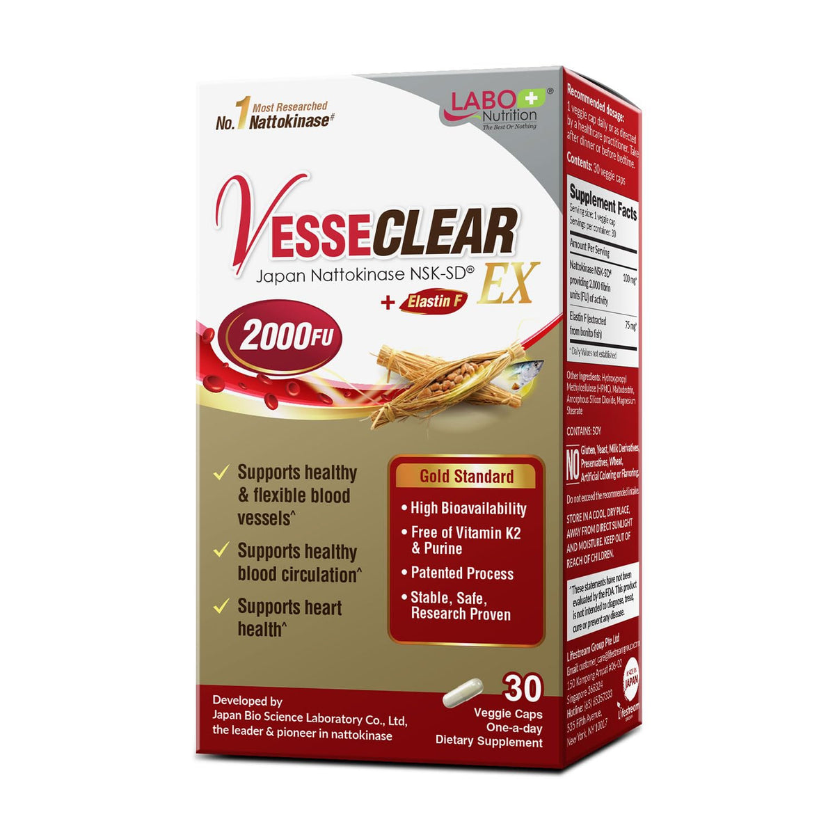 LABO Nutrition VesseCLEAR EX: Nattokinase NSK-SD+Elastin F for Clean & Flexible Blood Vessel. Japan's Most Research Proven, Functional Dose, Acid-Resistant/Delayed Release Capsules LABO Nutrition buy supplements Au
