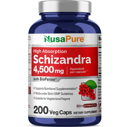NusaPure Schizandra Berries 20:1 Extract, 225 mg Equivalent to 4500mg, 200 Vegan Capsules (Non-GMO, Bioperine) NusaPureBuy Supplements Australia
