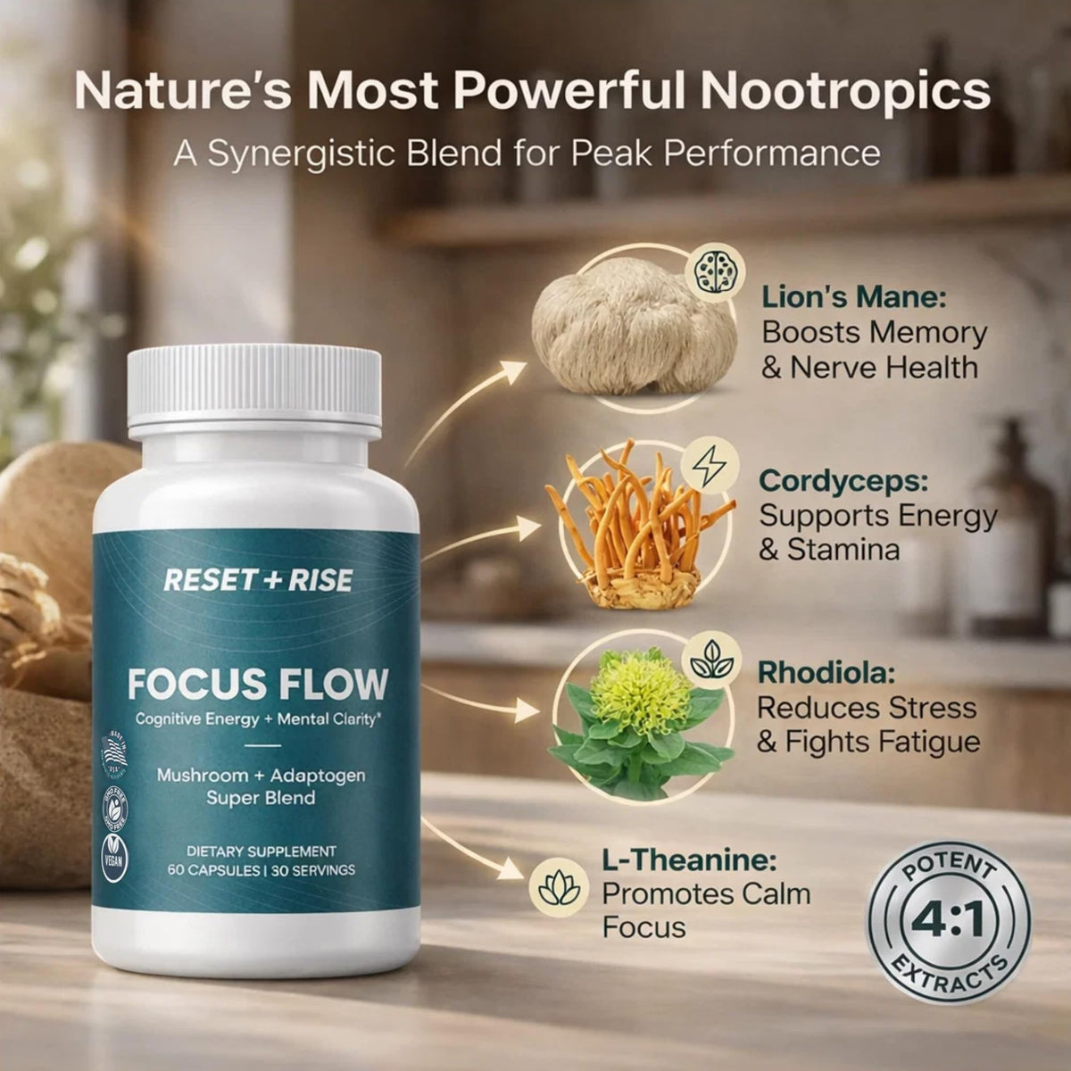 Nootropic Brain Supplement with Lion’s Mane Mushroom, Cordyceps & Rhodiola Rosea Extract - Focus and Energy Supplement, Adaptogen for Brain Health, Mental Clarity, Memory & Mood Support - 60 Capsules Reset+RiseBuy Supplements Australia