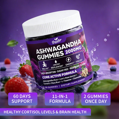 Ashwagandha Gummies - 2000MG Organic Ashwagandha & Lions Mane Gummies for Adults with Vitamin D3 B12, L-Theanine, Cortisol Supplements for Women & Men, Sugar-Free, Vegan, Berry Flavor - 90 Counts BrixxlorBuy Supplements Australia