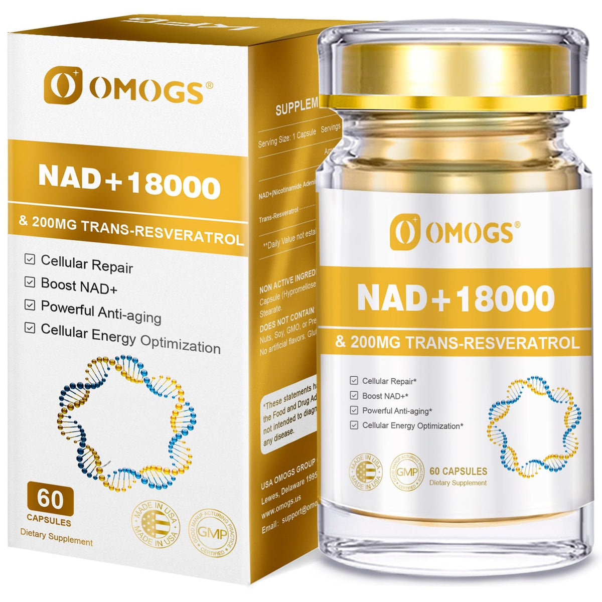 OMOGS NAD+ 300 mg + Trans-Resveratrol 200 mg, Pure NAD Supplement, Max Absorption, Boosting Supplement for DNA Repair, Healthy Aging, Cellular Energy & Longevity, 60 Capsules OMOGSBuy Supplements Australia