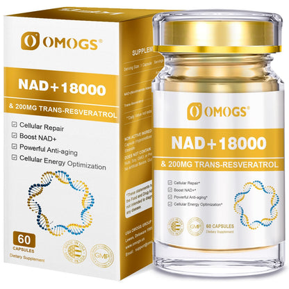 OMOGS NAD+ 300 mg + Trans-Resveratrol 200 mg, Pure NAD Supplement, Max Absorption, Boosting Supplement for DNA Repair, Healthy Aging, Cellular Energy & Longevity, 60 Capsules OMOGSBuy Supplements Australia