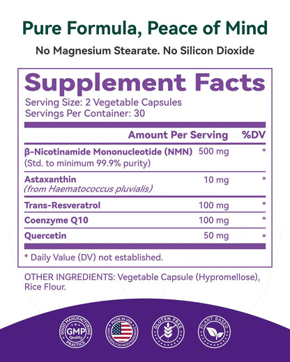 Inner Brightness NMN Supplement 500mg, 99.9% High Purity, Supports NAD+ Levels & Cellular Energy, 5-in-1 Formula with Resveratrol & Astaxanthin, Non-GMO, Gluten-Free, 60 Capsules Inner BrightnessBuy Supplements Australia
