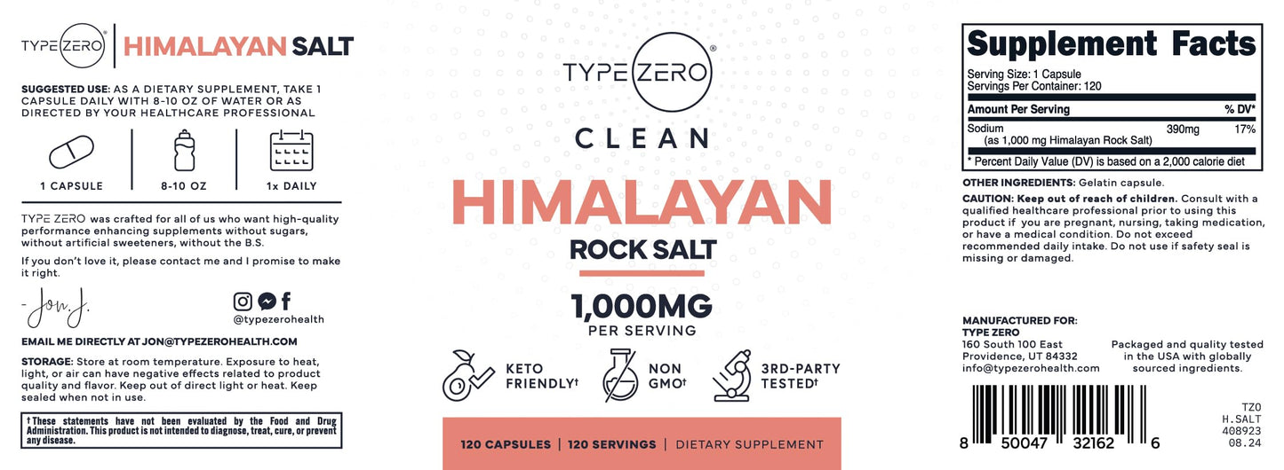 Type Zero Himalayan Rock Salt Capsules (120 Capsules) (1000mg per Serving) Type ZeroBuy Supplements Australia