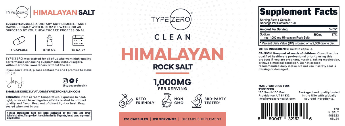 Type Zero Himalayan Rock Salt Capsules (120 Capsules) (1000mg per Serving) Type ZeroBuy Supplements Australia