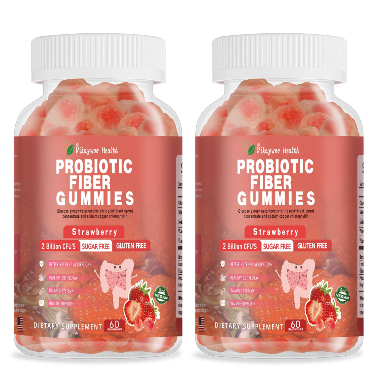 Vikaywoo Probiotic Fiber Gummies for Adults, No Sugar Added Strawberry Flavor– 2 Billion CFUs –Vitamin C,Vitamin D–Digestive Health & Regularity Support(120 Count) VikaywooBuy Supplements Australia