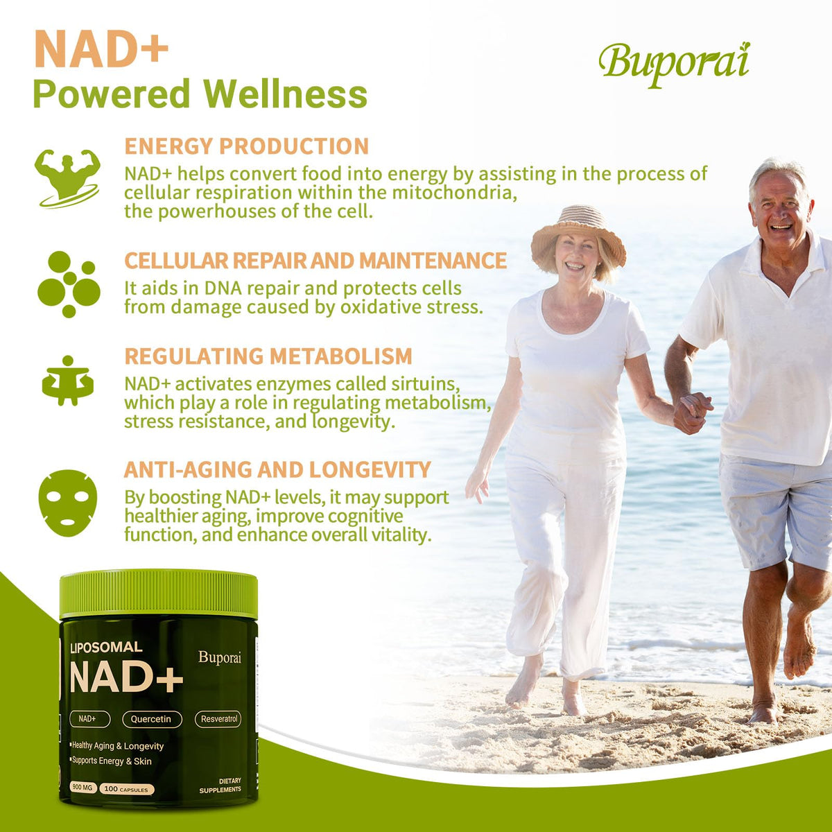 Buporai NAD Supplement 900mg with Resveratrol & Quercetin, NAD Supplement for Anti-Aging, Cellular Energy & Repair-100 Capsules BuporaiBuy Supplements Australia