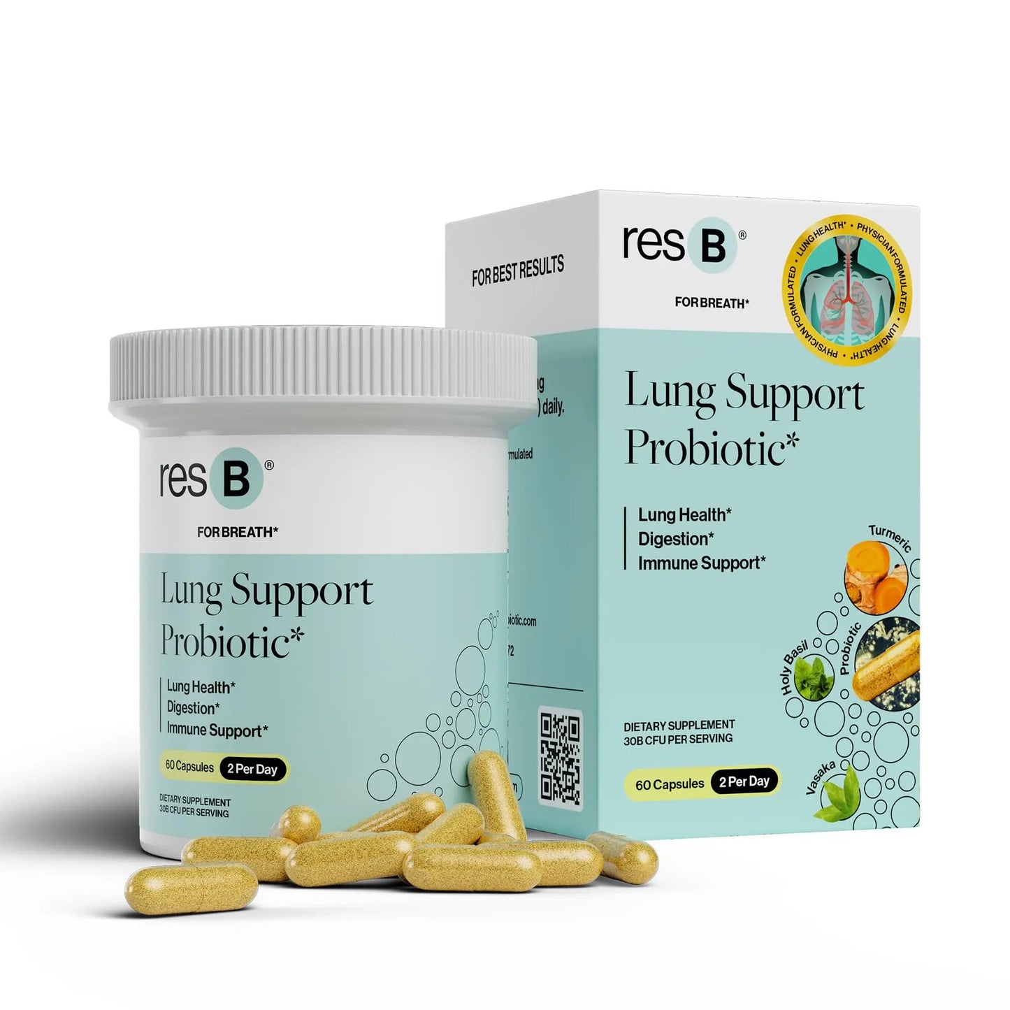 resB Lung Support Probiotic Supplement - Lung Health Supplement for Smokers, Gut Health, Immune & Digestive Support, Respiratory Care, Holy Basil & Turmeric, Clinically Trialed - 60 Capsules ResBioticBuy Supplements Australia