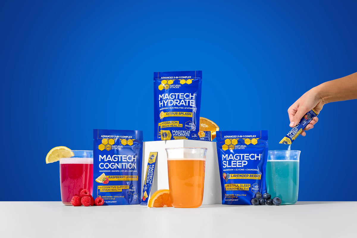MagTech Magnesium Hydrate Packets - Sugar Free Hydration Powder - Magtein Magnesium L-Threonate, Glycinate & Taurate - 200mg Chelated Triple Complex - Supports Hydration & Brain Health* - 14 Servings NATURAL STACKSBuy Supplements Australia
