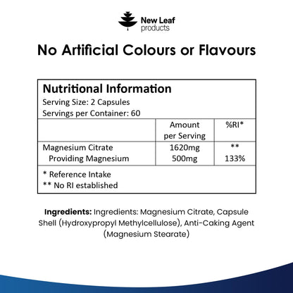 Magnesium Supplements 1620mg - Super Strength - Magnesium Citrate Capsules NEW LEAF PRODUCTSBuy Supplements Australia