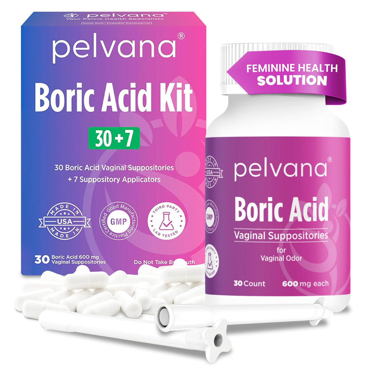 Pelvana Boric Acid Suppositories for Women - 30 Count + 7 Applicators - 600mg Boric Acid Capsules for Vaginal Odor Use PelvanaBuy Supplements Australia