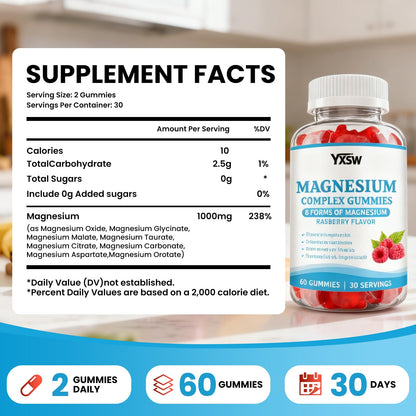 Magnesium Complex Gummies 8 Elemental 1000mg - Magnesium Glycinate, Citrate, Malate, Taurate, Supports Bones, Muscle, Nerve Health, for Women & Men, Vegan Non-GMO, Raspberry Flavor, 60 Count YXSW buy supplements Au