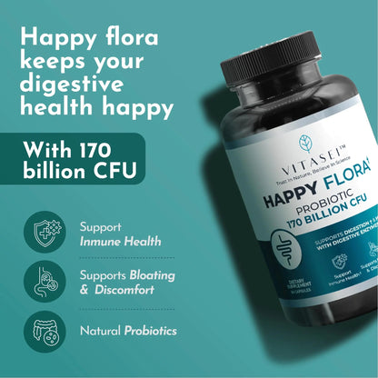 VITASEI Happy Flora, Probiotic Supplement 170 Billion CFU for a Healthy Gut Health with enzymes for Digestion, probiotics for Women and Men, 1 Bottle - 60 Capsules VITASEIBuy Supplements Australia
