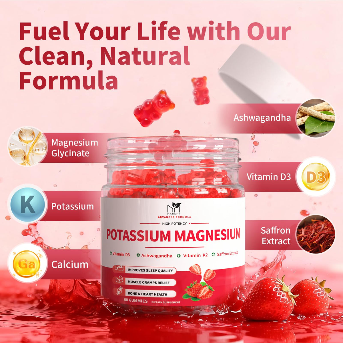 2 Pack Potassium Magnesium Gummies, Sugar Free Potassium Supplement Magnesium Glycinate 500mg, Ashwagandha, Vitamins D3, C, B6, Calcium & Zinc for Sleep, Leg Cramps & Muscle Relaxation-120 Count MABEFYBuy Supplements Australia