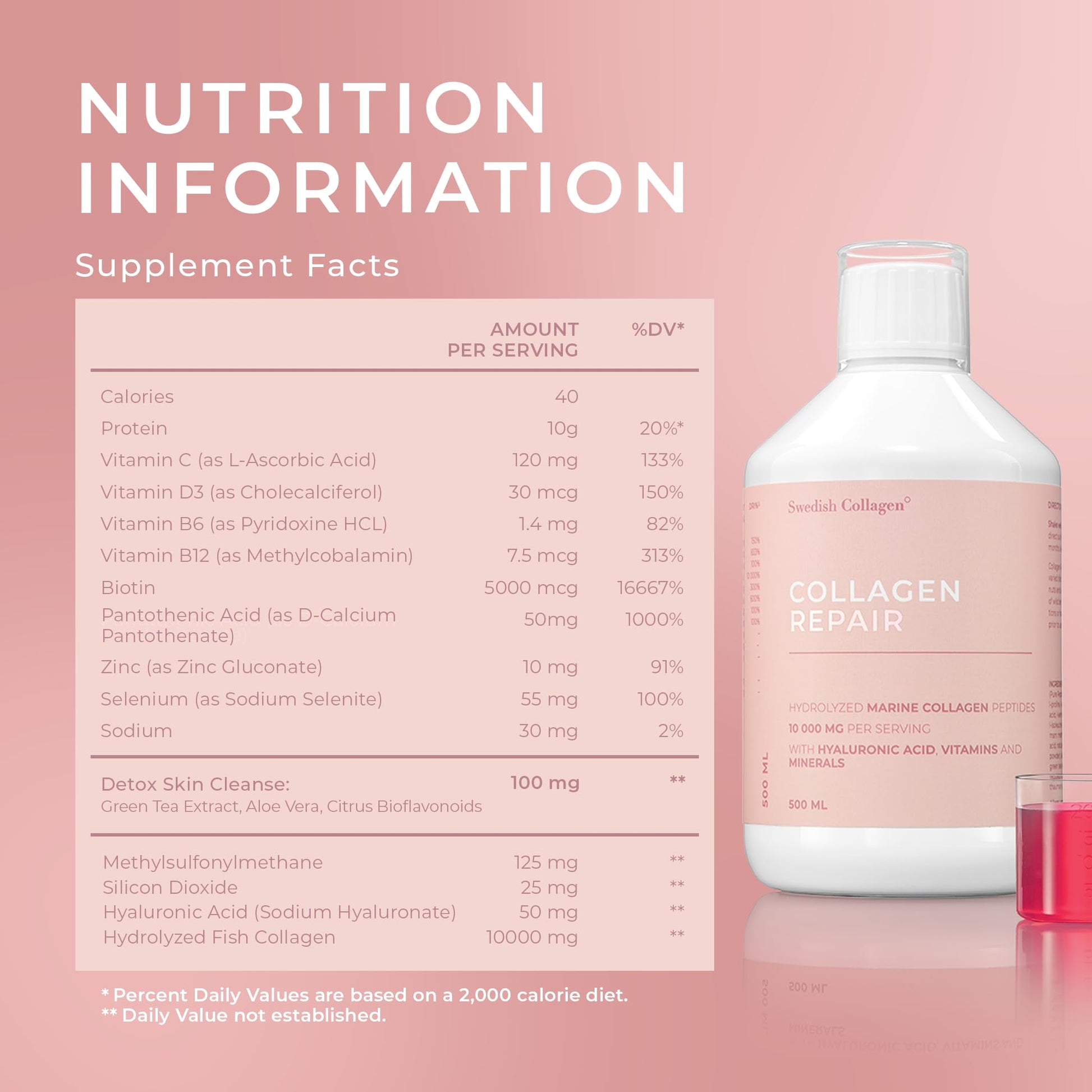 Swedish Collagen Repair | 10,000 mg Hydrolyzed Marine Collagen Liquid Supplement - 500 ml, 20 Day Supply I Hyaluronic Acid, Biotin & Vitamin C for Healthy Hair, Skin, Nails & Joints | Sugar-Free Swedish Collagen buy supplements Au
