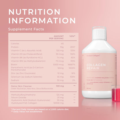 Swedish Collagen Repair | 10,000 mg Hydrolyzed Marine Collagen Liquid Supplement - 500 ml, 20 Day Supply I Hyaluronic Acid, Biotin & Vitamin C for Healthy Hair, Skin, Nails & Joints | Sugar-Free Swedish Collagen buy supplements Au
