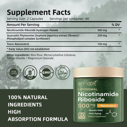 NAD Supplement with Liposomal Resveratrol – 900mg NAD Booster with Quercetin Phytosome for Energy, Focus & Healthy Aging – Cellular Support for Adults 30+ – 80 Capsules, 40-Day Supply BIYODEBuy Supplements Australia