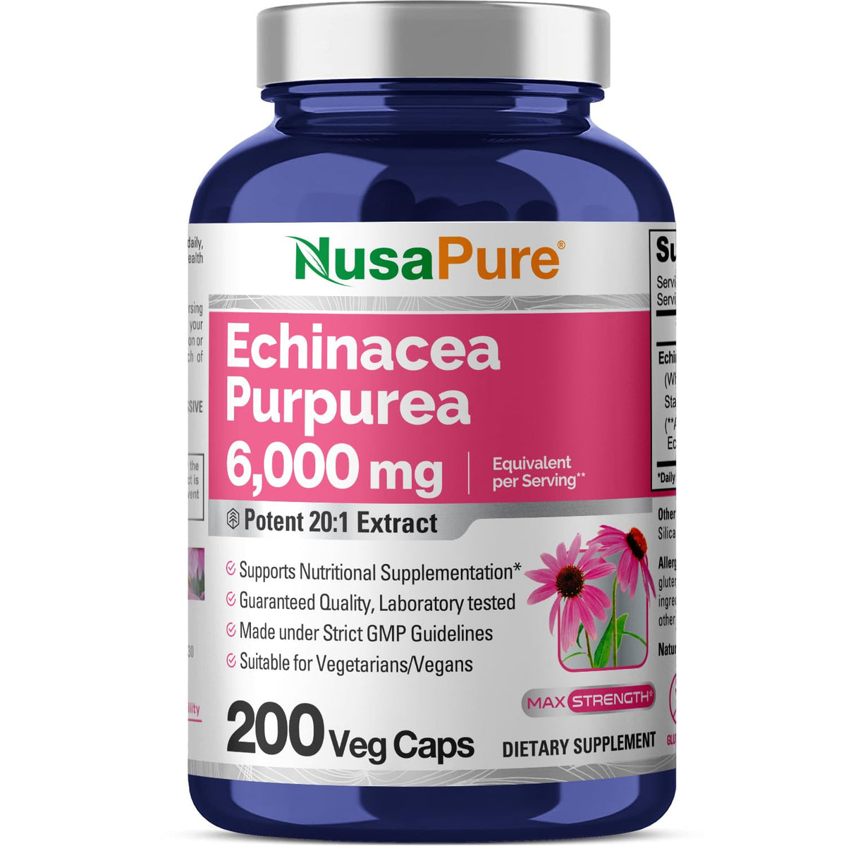 NusaPure Echinacea 20:1 Extract, 300 mg Equivalent to 6,000mg 200 Veggie Caps, Vegan, Non-GMO, Gluten Free Supplement NusaPureBuy Supplements Australia