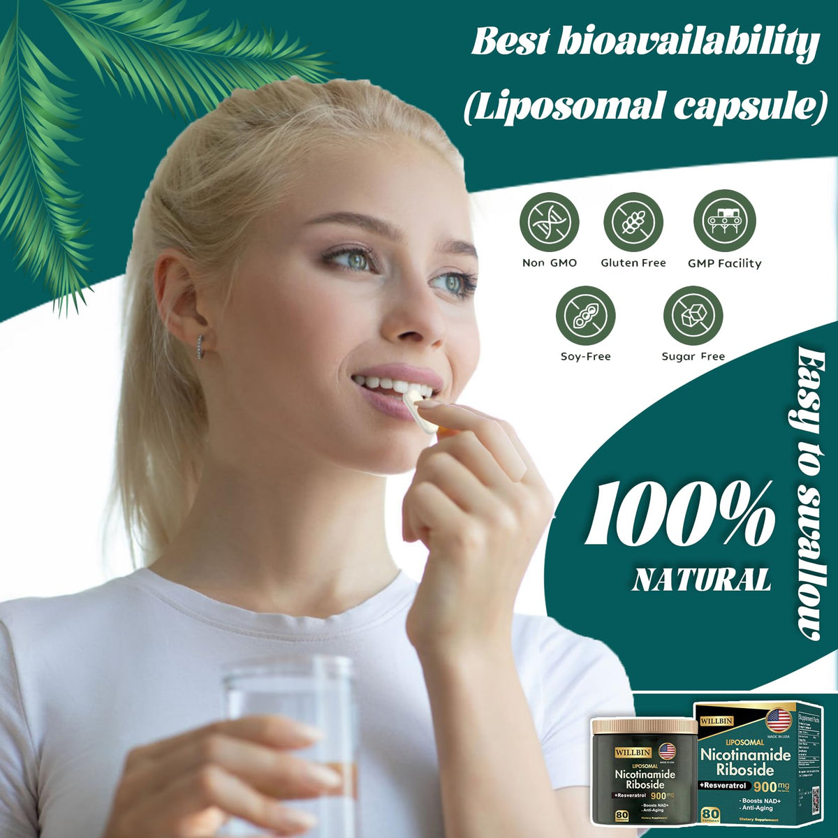 Willbin Liposomal NAD+ Supplement, Nicotinamide Riboside with Resveratrol, NAD Nicotinamide Riboside Boost Energy Focus Anti-Aging for Women & Men - 80 Vegan Capsules WillbinBuy Supplements Australia