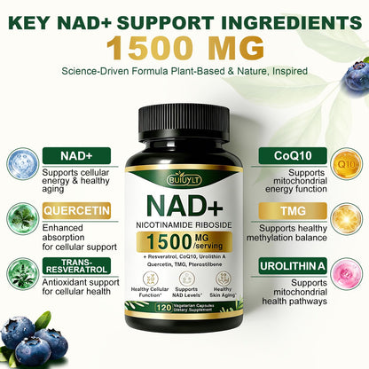 BUIUYLT NAD+ Supplement 1500mg, NR NMN Replacement with Resveratrol, Urolithin A, CoQ10 & Quercetin for Cellular Energy, Healthy Aging & Stamina for Women & Men - 120 Capsules BUIUYLTBuy Supplements Australia
