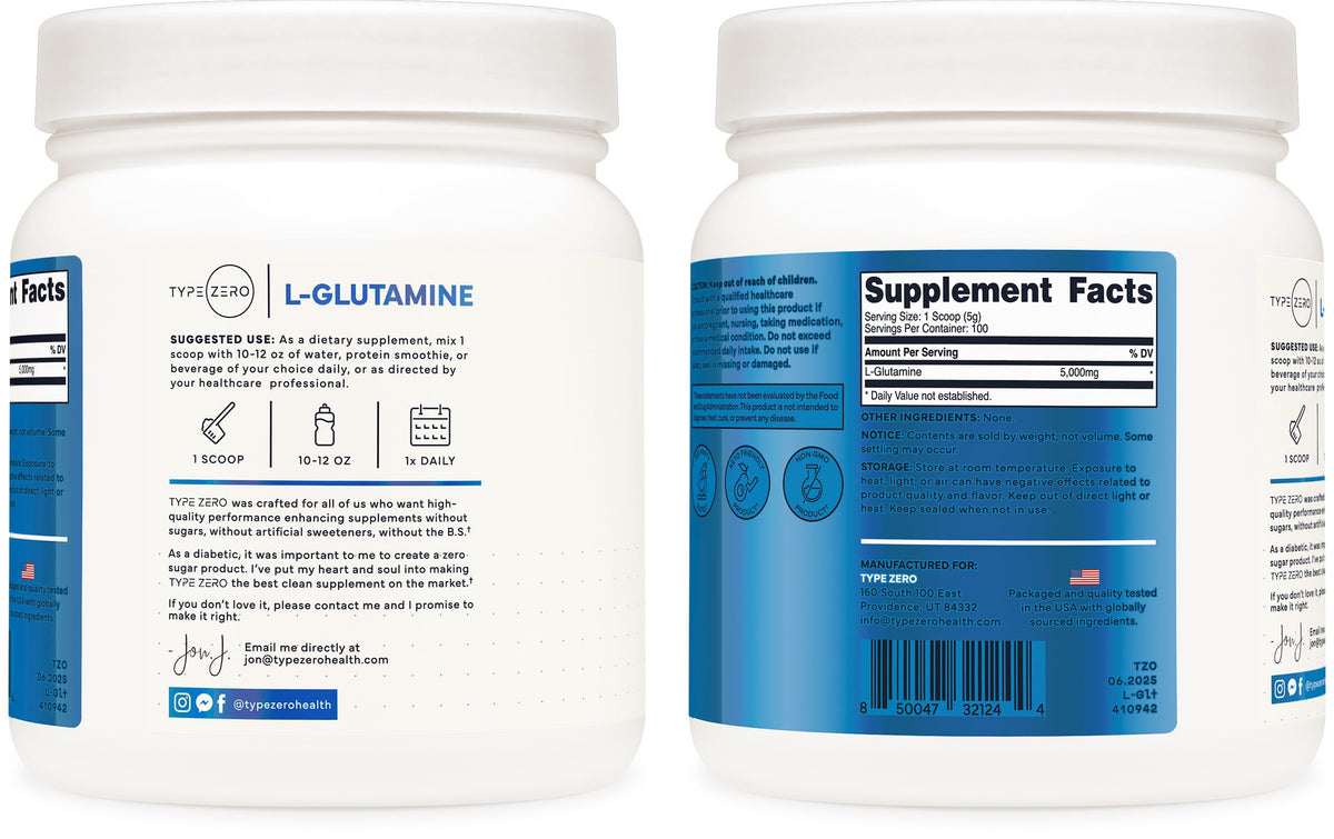 Type Zero L-Glutamine Powder (500G) 3-Month Supply Pure L-Glutamine Supplement - Vegan, Gluten Free, No Fillers Type ZeroBuy Supplements Australia