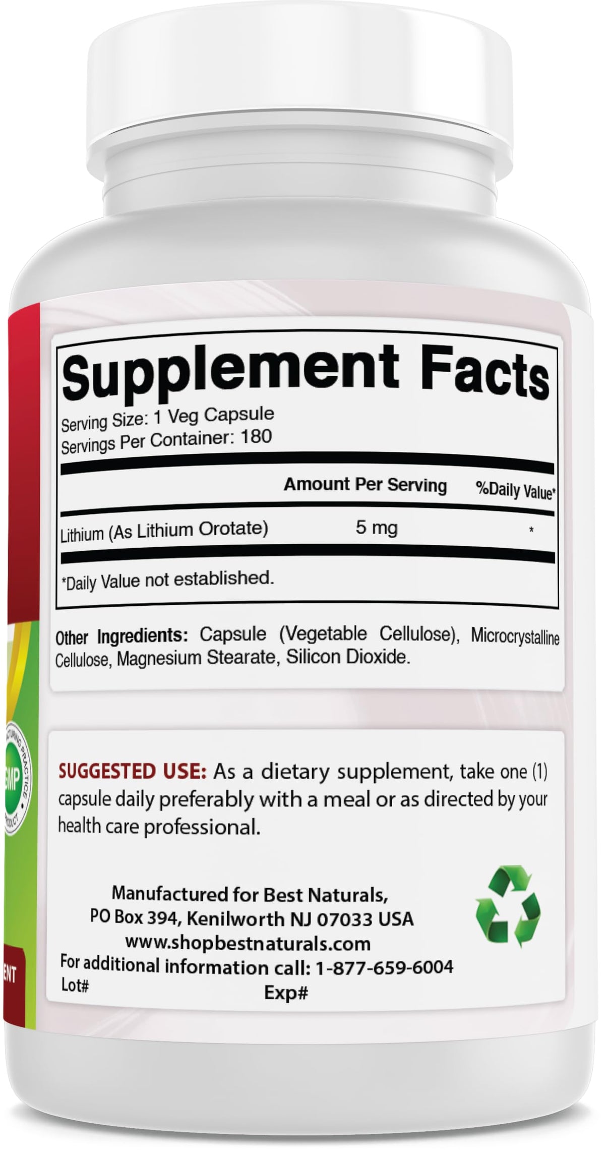 Best Naturals Lithium Orotate 5 mg 180 Capsules - Non GMO - Gluten Free