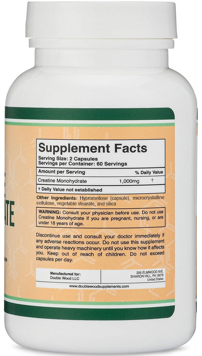 Creatine Monohydrate Capsules - 1g per Serving, 120 Count - No Fillers, Vegan Safe, Non-GMO, Gluten Free by Double Wood (Pack of 2)