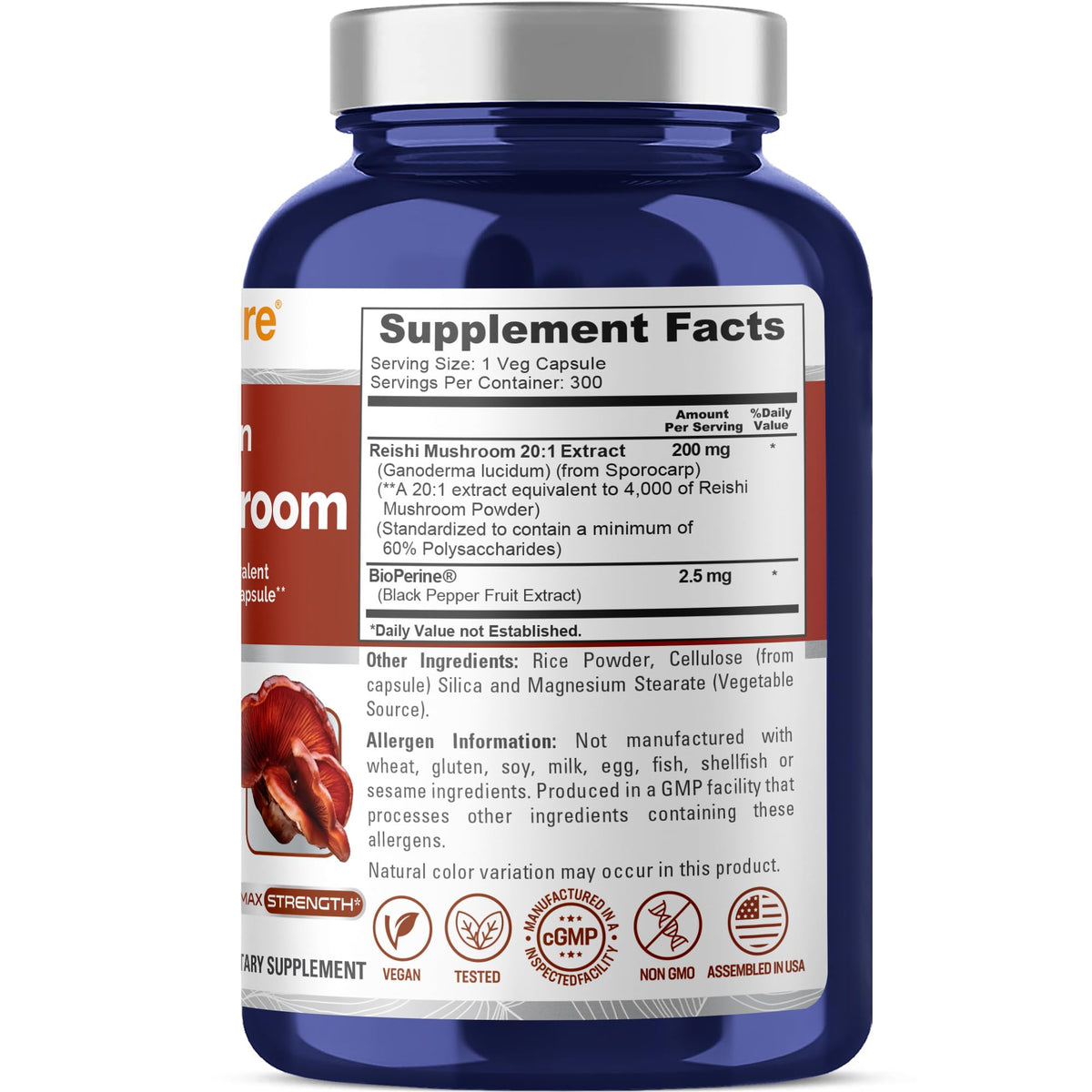 NusaPure Reishi Mushroom Extract 20:1 Extract, 200 mg Equivalent to 4000mg per Capsule 300 Veggie Caps Vegan, Non-GMO, Vegan NusaPureBuy Supplements Australia