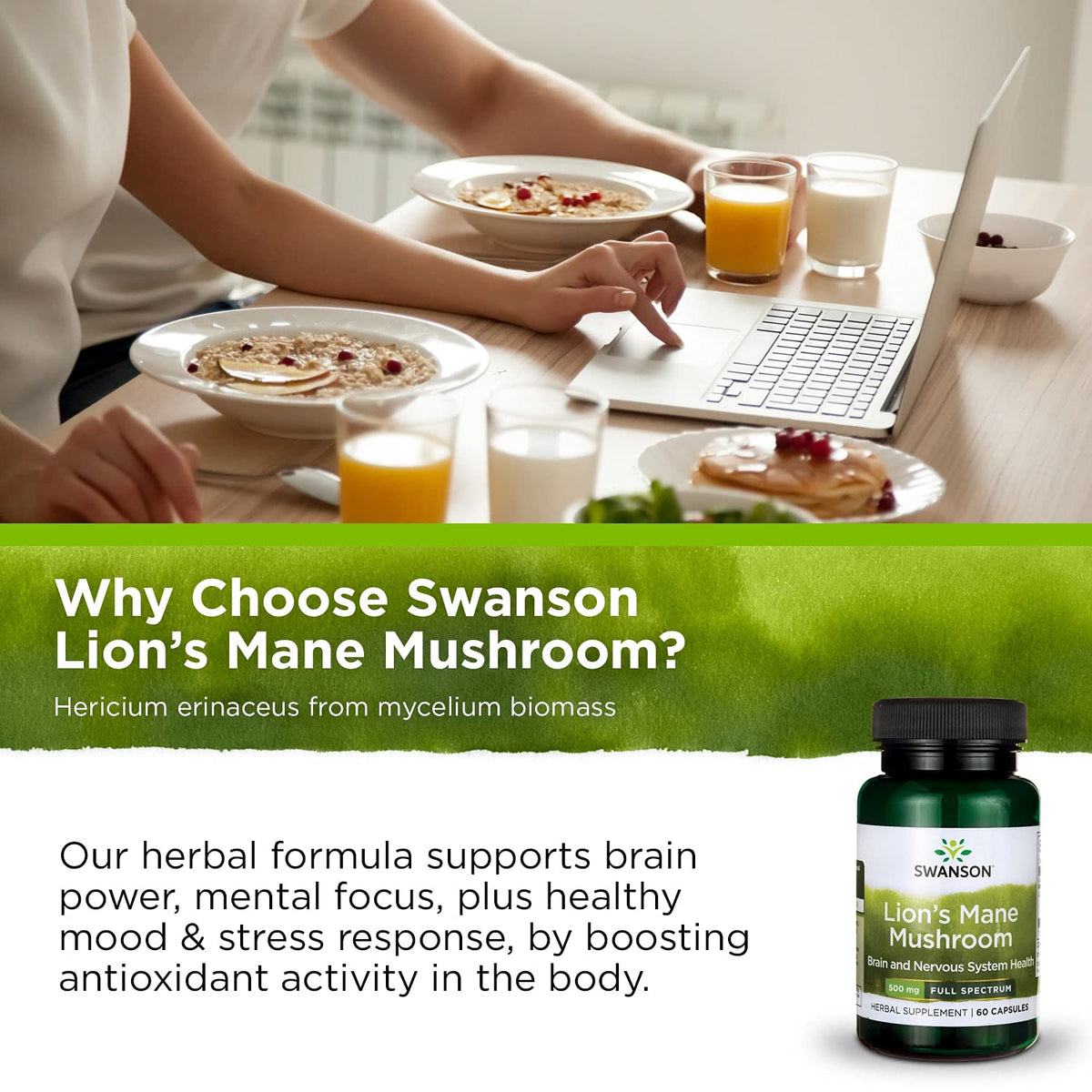 Swanson Lion's Mane Mushroom Capsules - 500 mg Each, 60 Capsules -