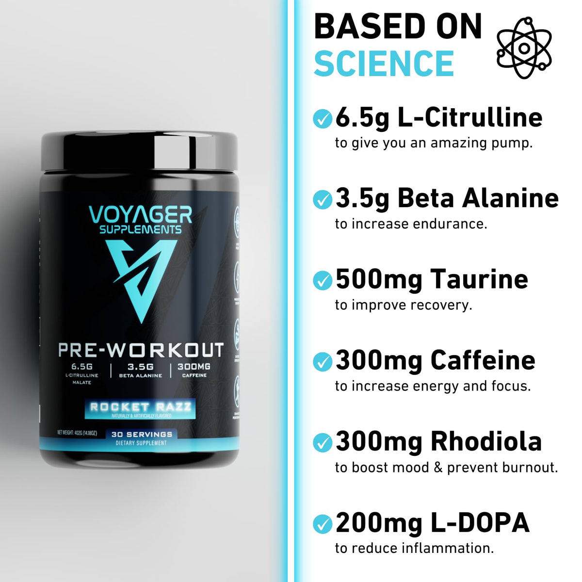 Voyager Supplements Pre-Workout Powder | Rocket Razz | Intense Pump | Maximized Energy | G-Force Strength | Laser Focus | Science-Backed & Gym Proven | 30 Servings