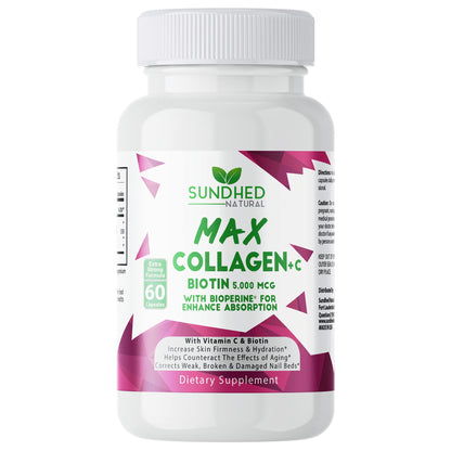 Sundhed Natural Max Collagen Plus C (60 caps) - All Natural Collagen Capsules with Biotin & Bioperine to Boost Anti Aging Hydration & Skin Firmness - Collagen Pills to Strengthen Bones & Nails Sundhed NaturalBuy Supplements Australia