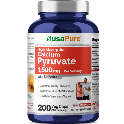 NusaPure Calcium Pyruvate - Suitable for Vegetarian/Vegan, Non - GMO - 1500 mg - 200 Capsules NusaPureBuy Supplements Australia