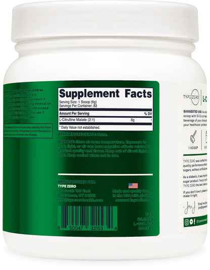 Type Zero Clean L-Citrulline Malate 2:1 Powder Drink Mix (500g, Unflavored) (83 Servings) - Keto Friendly, Gluten Free, Non-GMO Type ZeroBuy Supplements Australia
