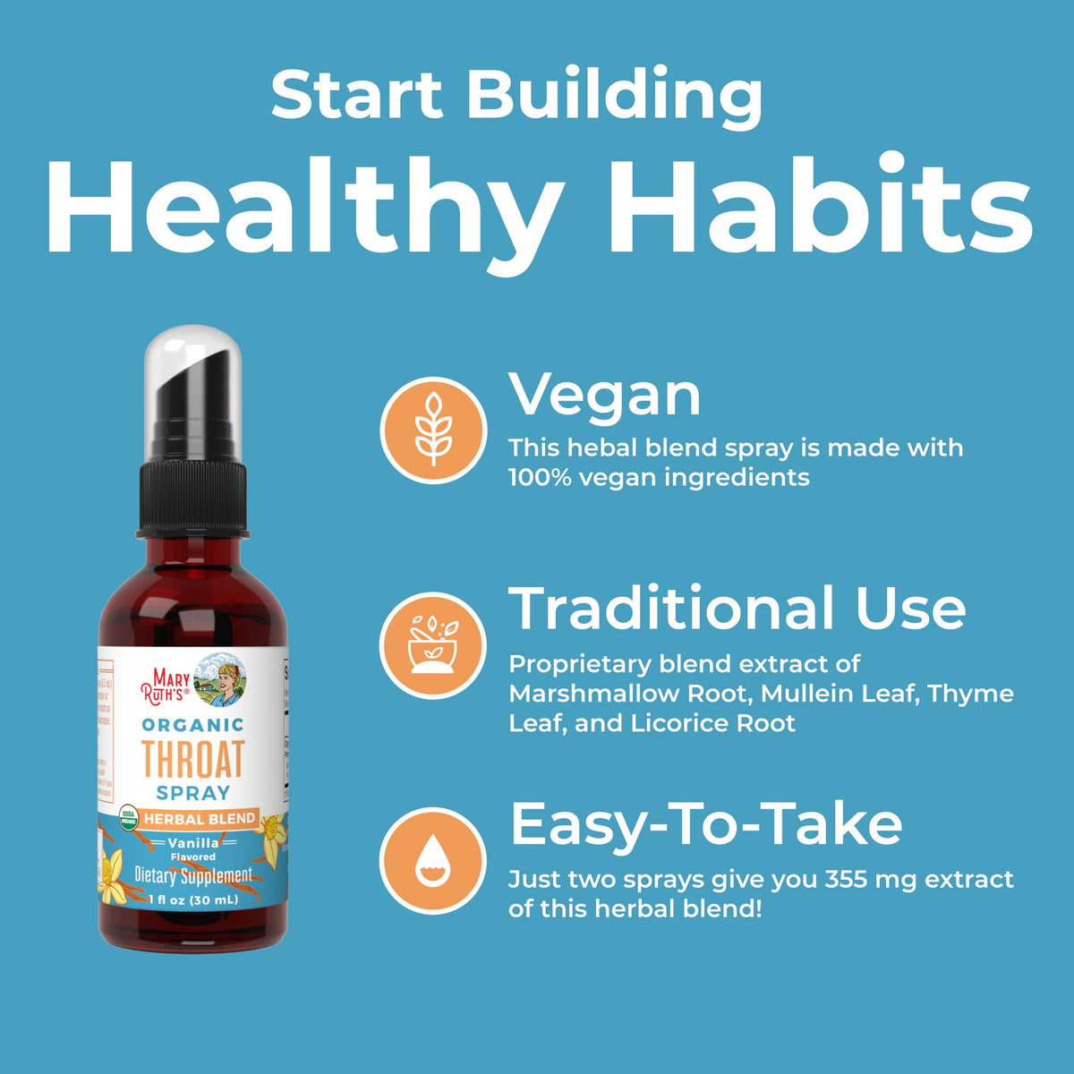 MaryRuth Organics USDA Organic Throat Spray with Mullein Leaf | Marshmallow Root & Licorice Root & Thyme Leaf | Vanilla | 4 Herbal Blend | Non-GMO | Vegan | Gluten Free | 1 Fl Oz | Up to 100 Servings MARYRUTH'SBuy Supplements Australia