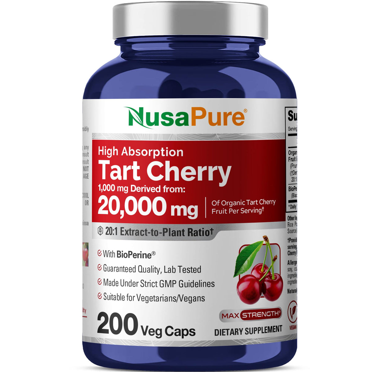 NusaPure Organic Tart Cherry 20:1 Extract, 1000 mg Equivalent to 20,000 mg 200 Veggie Caps (Vegan, Non-GMO) Bioperine NusaPureBuy Supplements Australia