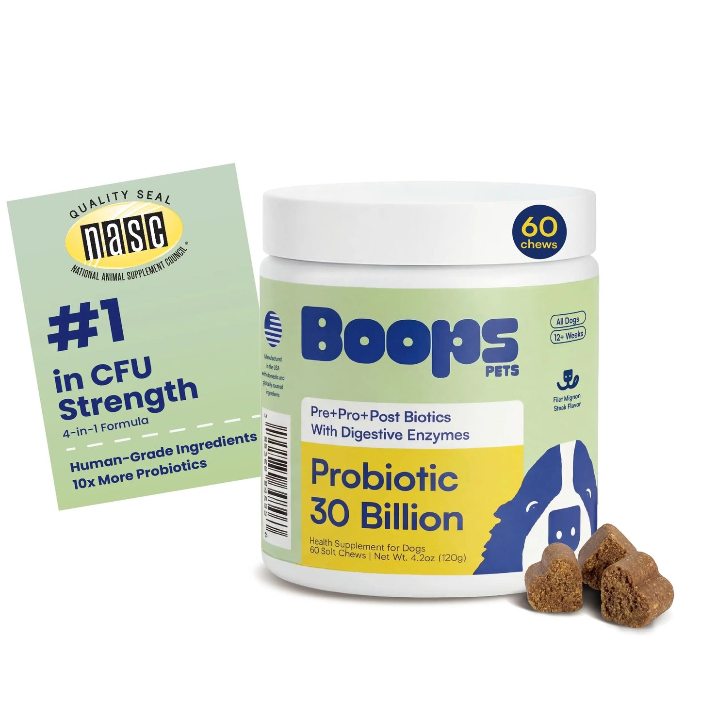 Boops Pets Probiotics for Dogs – 30 Billion CFU with Pre, Postbiotics & Digestive Enzymes – Supports Gut Health, Immunity, Loose Stools & Allergies – Filet Mignon Flavor – Vet Formulated – 60 Chews Boops PetsBuy Supplements Australia