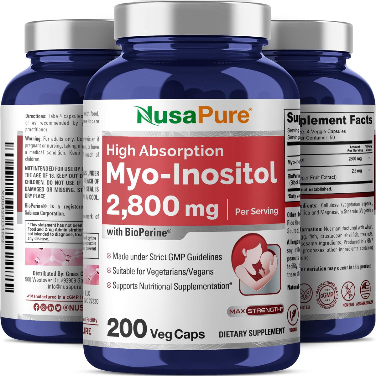 NusaPure Myo-Inositol - Suitable for Vegetarian/Vegan, Non - GMO - 2800mg, 200 Capsules NusaPureBuy Supplements Australia