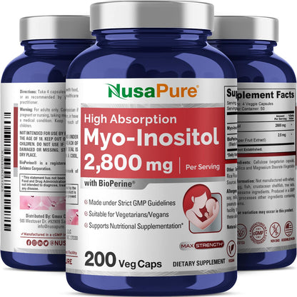 NusaPure Myo-Inositol - Suitable for Vegetarian/Vegan, Non - GMO - 2800mg, 200 Capsules NusaPureBuy Supplements Australia