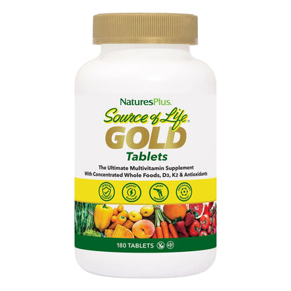 NaturesPlus Source of Life Gold Multivitamin - 180 Tablets - with Vitamins D3 & B12 - Blood, Bone & Immune Support NaturesPlus