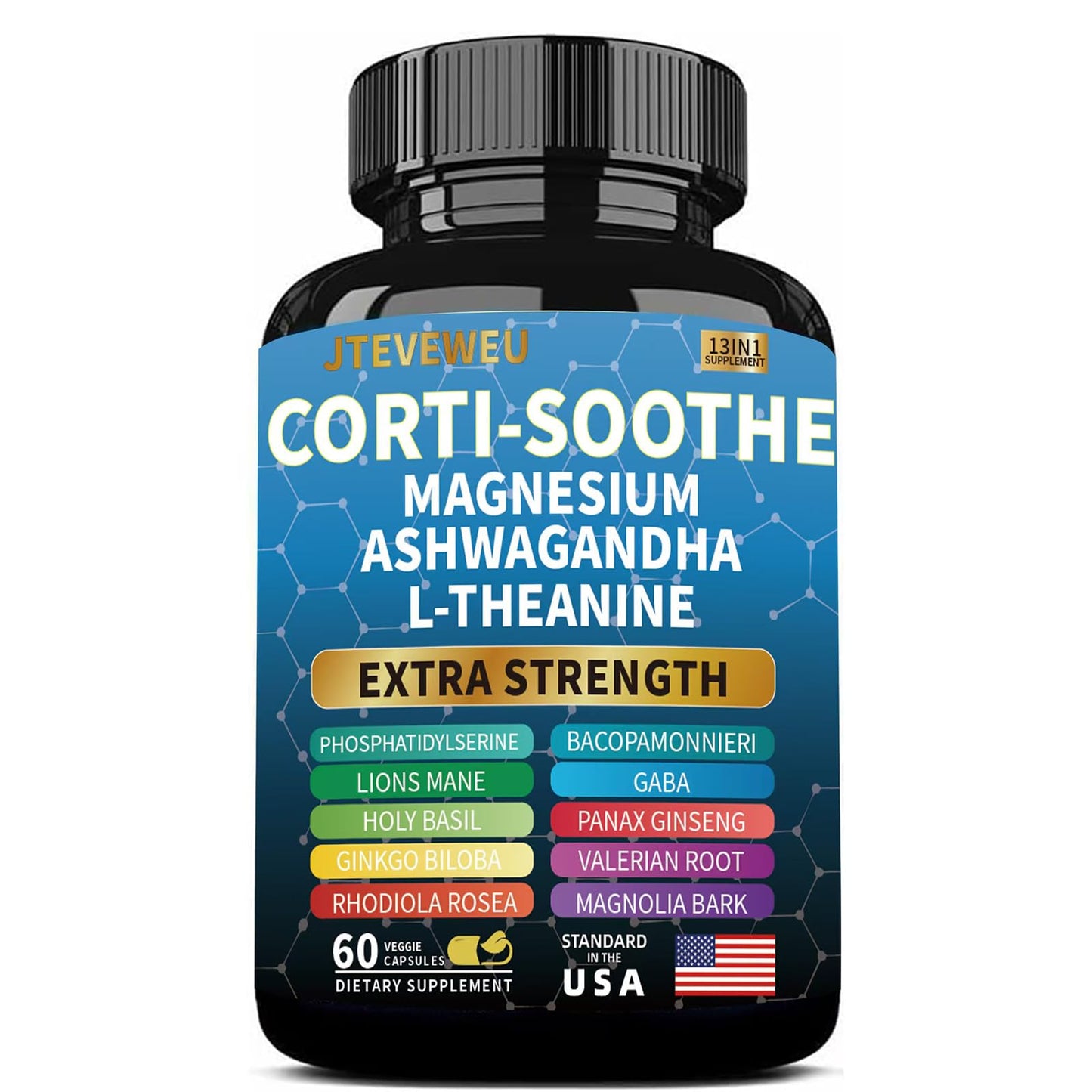 Corti-Soothe Cortisol Supplement for Women and Men with Magnesium Glycinate 200mg, L-Theanine 150mg, Phosphatidylserine 50mg & Manager Holy Basil Ginkgo Biloba Bacopa Monnieri Valerian 60 Capsules JTEVEweuBuy Supplements Australia