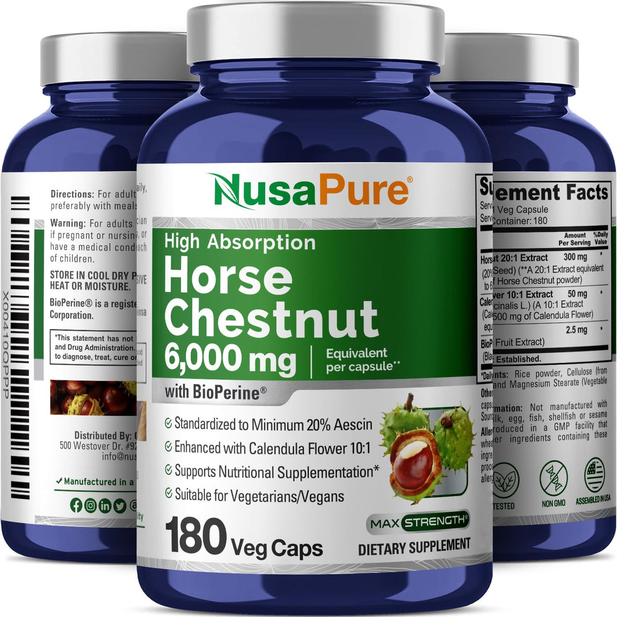 NusaPure Horse Chestnut 20:1 Extract, 300 mg Equivalent to 6,000mg 180 Veggie Caps Non-GMO, Vegan, BioPerine, Calendula Flower NusaPureBuy Supplements Australia