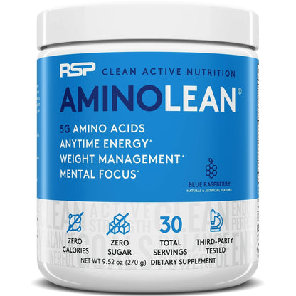 RSP NUTRITION AminoLean Pre Workout Energy (Blue Raspberry 30 Servings) with TrueFit Protein Powder (Vanilla 2 LB)