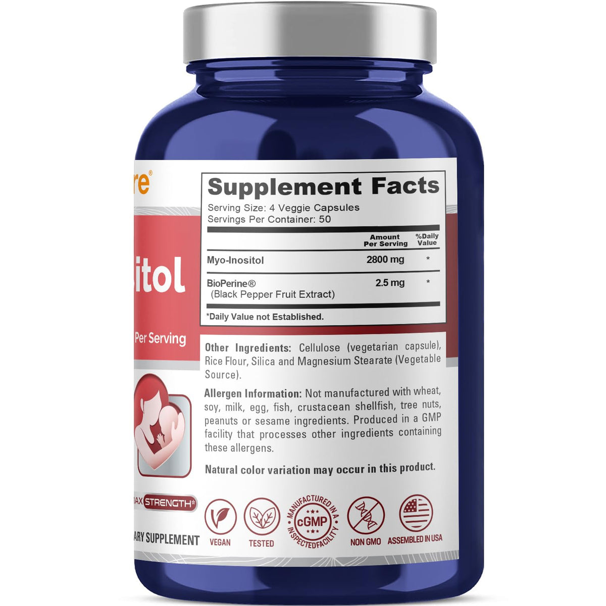NusaPure Myo-Inositol - Suitable for Vegetarian/Vegan, Non - GMO - 2800mg, 200 Capsules NusaPureBuy Supplements Australia