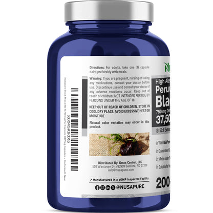 NusaPure Peruvian Black Maca Root Extract 50:1 - Suitable for Vegetarian/Vegan, Non - GMO - 37500 mg - 200 Capsules NusaPureBuy Supplements Australia