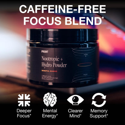 PRSNT Nootropic Focus Powder | Mango 25 Servings | Caffeine-Free, Sugar-Free | Supports Focus, Energy, Mental Clarity | Nootropic + Electrolytes Hydration Focus Drink Mix PRSNTBuy Supplements Australia
