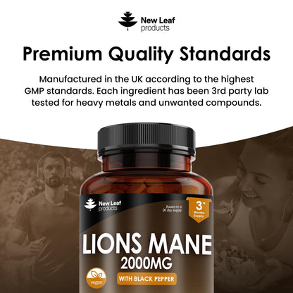 Lions Mane Mushroom Extract Supplement 2000mg - 180 High Strength Vegan Tablets NEW LEAF PRODUCTSBuy Supplements Australia