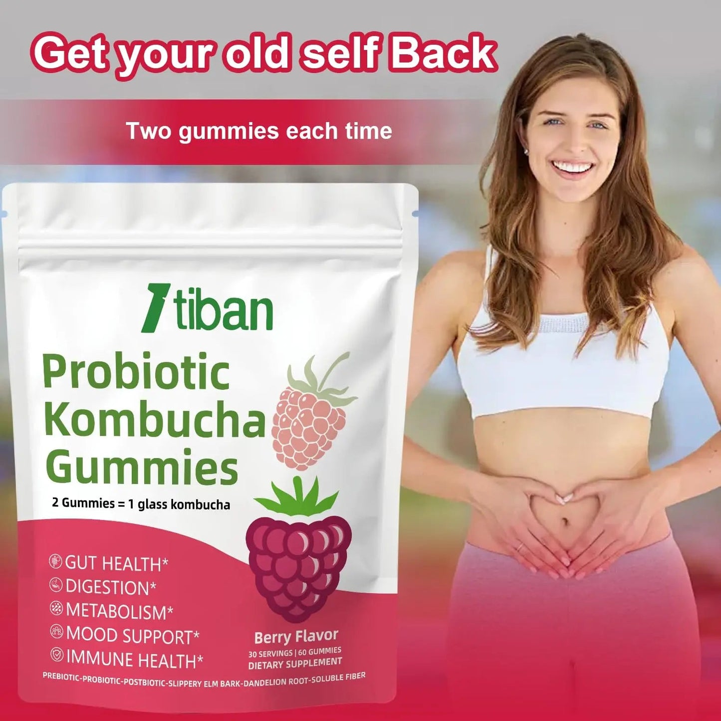Itiban Probiotic Kombucha Gummy - Prebiotics, Probiotics, Postbiotics, Fiber Supplement, Slippery Elm for Bloating, Gut Health, Women and Men, 60ct ItibanBuy Supplements Australia