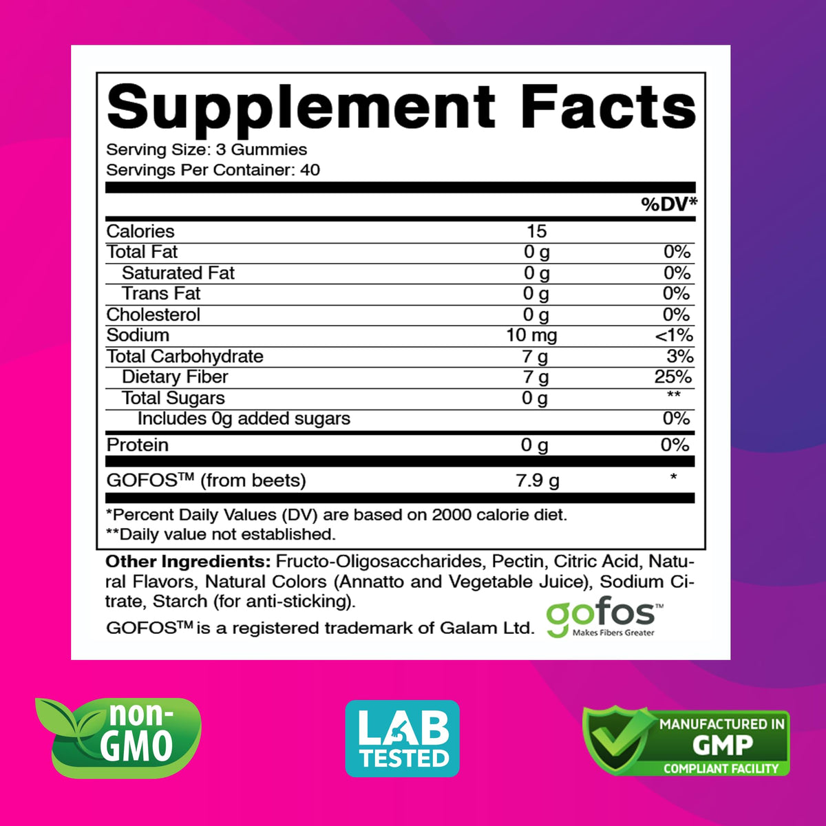 Vitabod Fiber Gummies 7G Per Serving for Digestive Health & Regularity, Prebiotic GOFOS™ Plant-Based Fiber, No Sugar Added, Vegan, Berry Peach Strawberry, 120 Gummies (Adults, Women & Men)