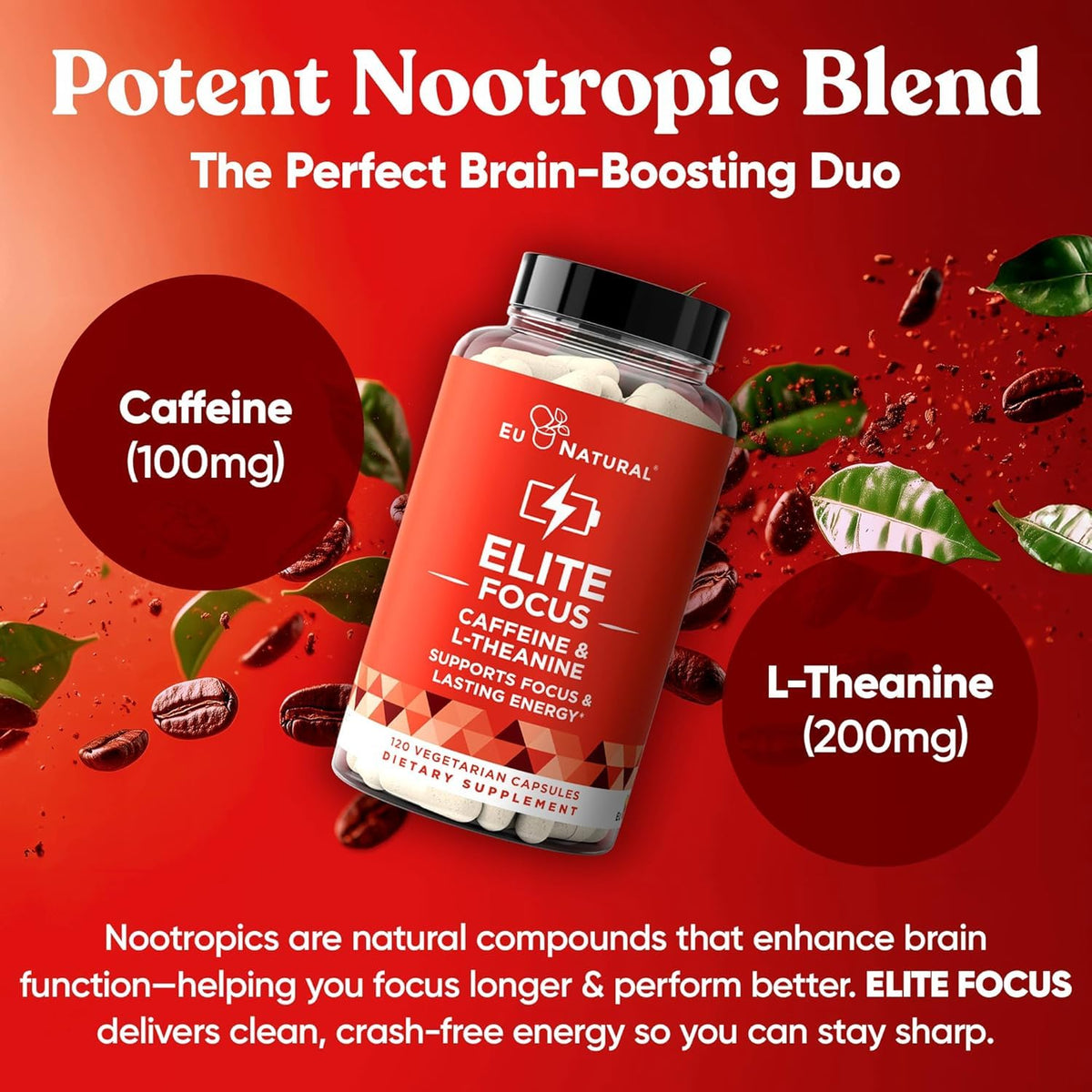 Eu Natural Elite Caffeine Pills with L-Theanine - 100mg Caffeine + 200mg L-Theanine - Jitter-Free Focused Energy & Clean Nootropic Stack - 240 Soft Capsules Eu NaturalBuy Supplements Australia